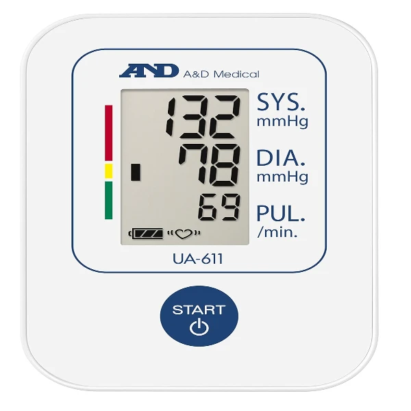 The unboxed A&D Blood Pressure Monitor alongside its batteries and user manual.