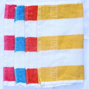 Multi-color striped cotton lunch napkin towels and kitchen hand wipes.
