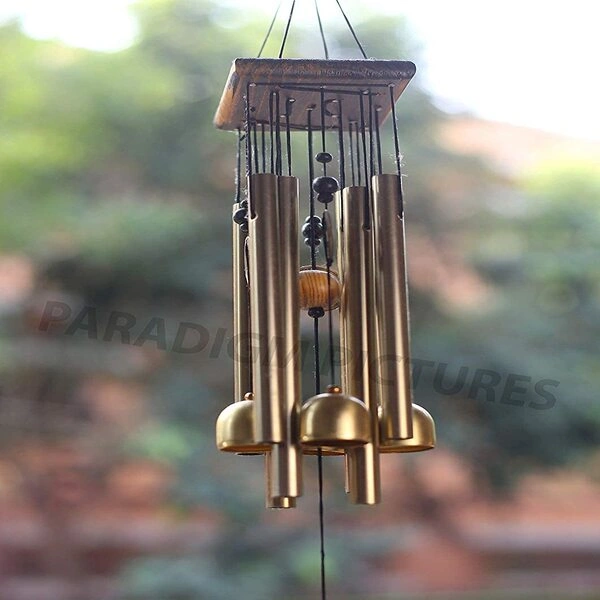 Golden hanging wind chimes with musical aluminum tubes and bells