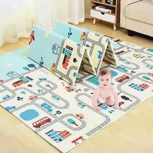 The fully unfolded Tarkan Reversible Baby Play Mat showing its colorful learning pattern.