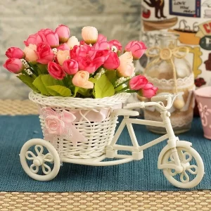 Cycle shape flower vase with artificial peony bunches