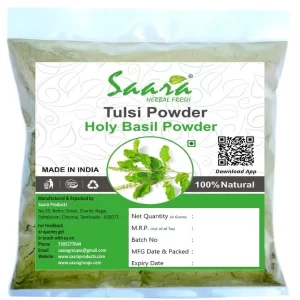 A front-facing product photograph of the 50g SAARA Organic Tulsi Leaf Powder package.