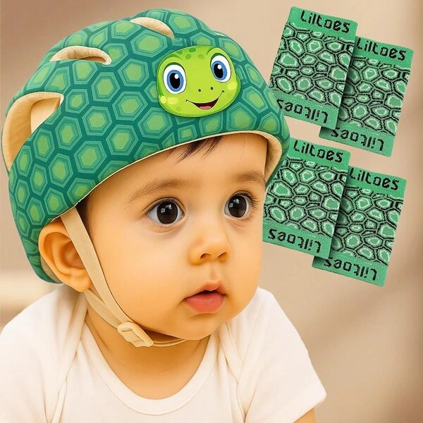 LILTOES baby protective gear set featuring an adjustable cushion helmet with matching knee and elbow pads