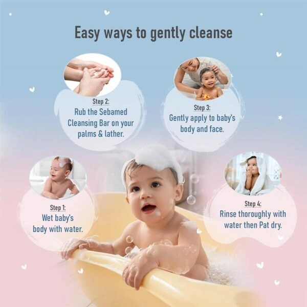 Graphic highlighting beeswax and wheat germ oil in the Sebamed Baby Cleansing Bar.