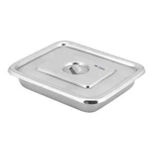 A pristine 8x6 Stainless Steel Instrument Tray with its lid slightly ajar.