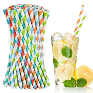 100 Pack Striped Paper Drinking Straws, Biodegradable Durable & Eco-Friendly For Coffee Cold Drinks, Dessert and DIY Decoration