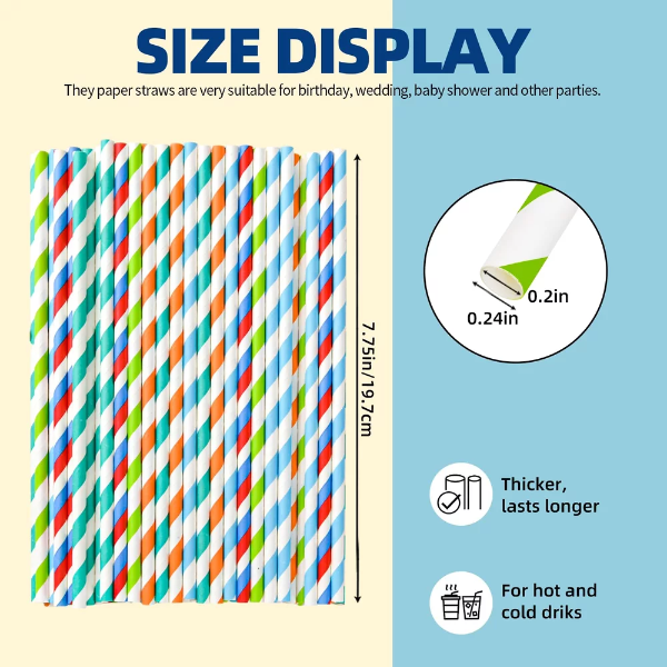 100 Pack Striped Paper Drinking Straws, Biodegradable Durable & Eco-Friendly For Coffee Cold Drinks, Dessert and DIY Decoration - Image 2