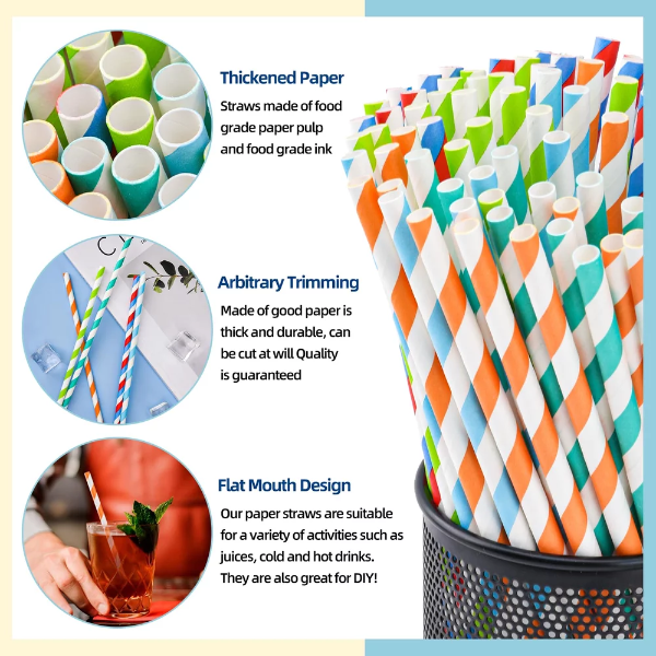 100 Pack Striped Paper Drinking Straws, Biodegradable Durable & Eco-Friendly For Coffee Cold Drinks, Dessert and DIY Decoration - Image 3