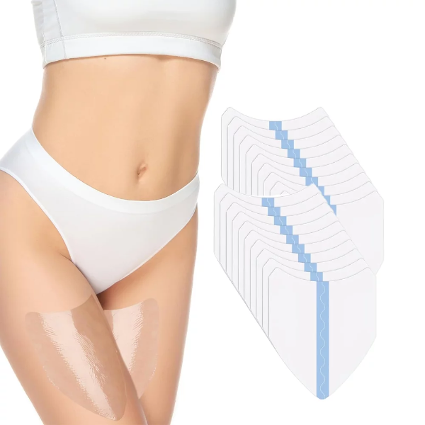 Invisible thigh lifting tape applied to skin for a smooth contour under clothing.