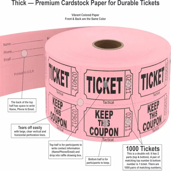 1000 Tacticai Raffle Tickets, Pink (8 Color Selection), Double Roll, Ticket for Events, Entry, Class Reward, Fundraiser & Prizes - Image 2