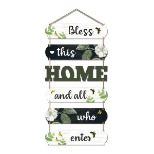 Modern wooden wall art hanging with home quotes.