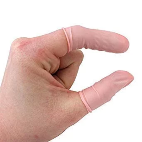 A 20-piece pack of rolled pink anti static finger cots showing their durable 4 Mil thickness for USA electronics manufacturing.