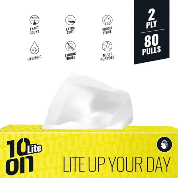 10on Lite 2 Ply Facial Tissues | Soft & Highly Absorbent Paper Napkins | 80 Pulls per Box | 18 x 19 cm | Gentle Face Tissue Box for Home, Office & Travel (Box Color May Vary) - Image 4