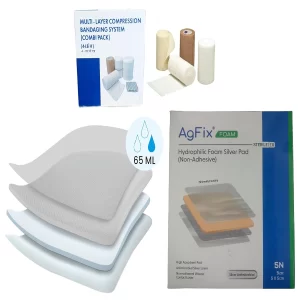 4-LB Multi-Layer Compression Bandaging System (Combi Pack) + Foam Silver Wound Dressing, AGFIX Dyna Size : 5x5cm, pack of 5