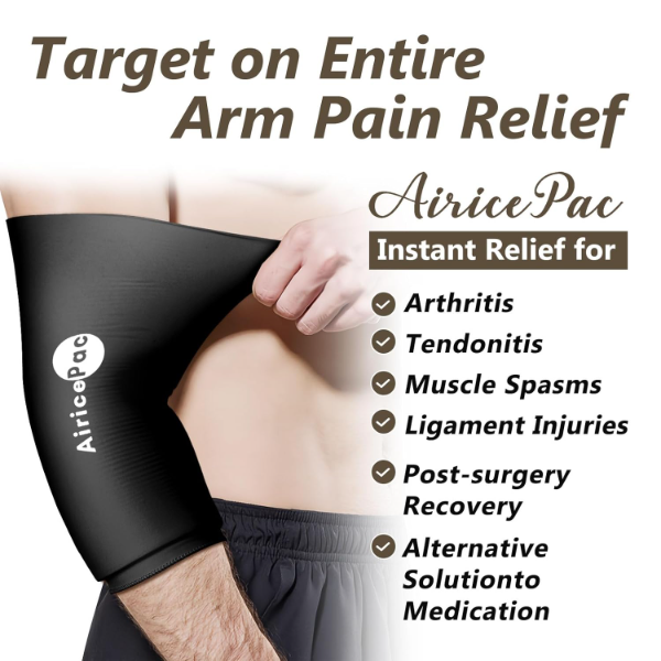 A flexible blue AiricePac reusable elbow ice pack wrap strapped firmly on an athlete's arm for localized tendonitis therapy in the USA.