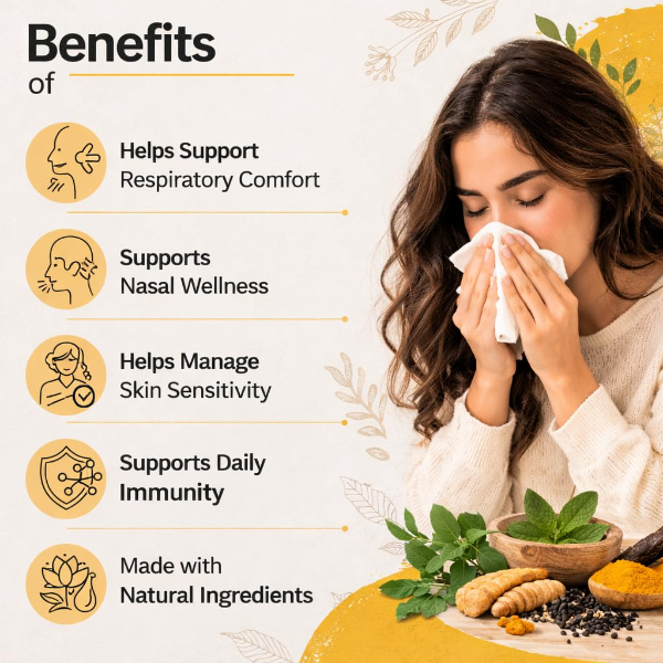 Herbal ingredients of Allergy Rakshak Combo including Tulsi and Turmeric.