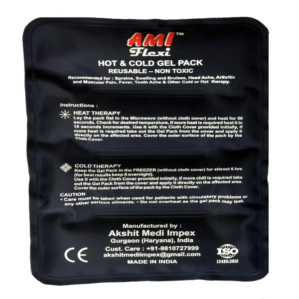 A large blue AMI reusable hot cold gel pack tucked inside its soft navy blue protective pouch with an adjustable elastic waist belt for pain relief in the USA.