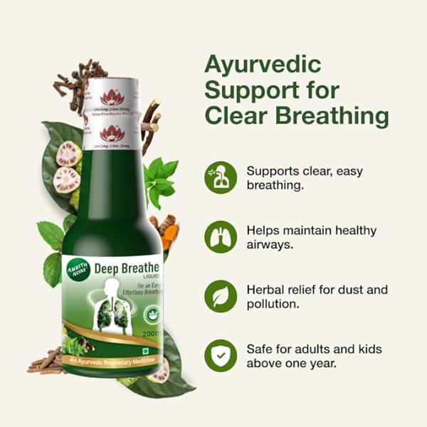 Amrith Noni Deep Breathe Liquid - 200ml | Ayurvedic Asthama Care Juice | With the goodness of Vasa, Yashtimadhu, Pippali, Kantakari, Khadira, Shunti, Maricha, Lavanga and more Herbs (Pack of 1) - Image 2