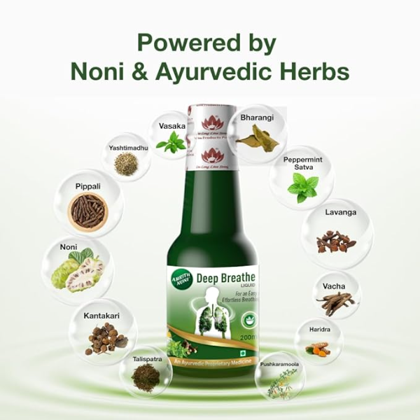 Amrith Noni Deep Breathe Liquid - 200ml | Ayurvedic Asthama Care Juice | With the goodness of Vasa, Yashtimadhu, Pippali, Kantakari, Khadira, Shunti, Maricha, Lavanga and more Herbs (Pack of 1) - Image 3