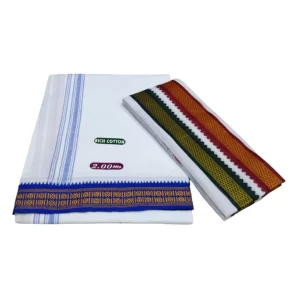 100% Rich Cotton Dhoti + Angavastram Towel Set 2.00 Mts Dhoti/Size Angavastram 30x52 (Pack of 2 Piece)