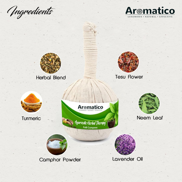 AROMATICO 100% Ayurvedic Herbal Massage Potli. Helps in Pain Relief, with healing power of Turmeric (Haldi), Neem & 17 ancient herbs. 200gm - Image 2