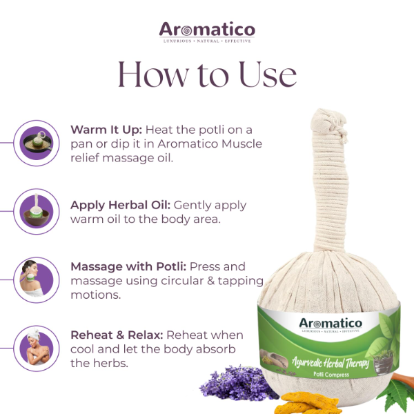 AROMATICO 100% Ayurvedic Herbal Massage Potli. Helps in Pain Relief, with healing power of Turmeric (Haldi), Neem & 17 ancient herbs. 200gm - Image 4
