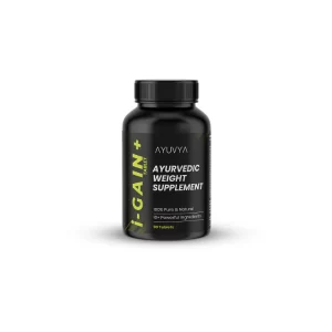 Ayuvya i-Gain+ bottle, a natural Ayurvedic Weight Gain Supplement with 90 tablets.