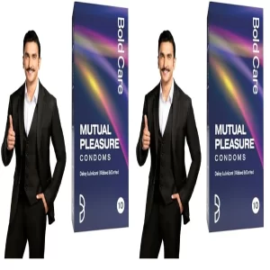 Bold Care Mutual Pleasure Dotted & Ribbed Condoms (Pack of 20) – Ultra Thin 60 Microns with Benzocaine & Menthol Lubrication, D-Lay Delay Effect, Gold Standard Latex, Disposable Pouch for Enhanced Comfort & Protection