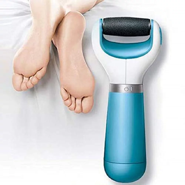 Blue and white electric pedicure foot scrubber with a rotating coarse roller head next to a smooth heel.