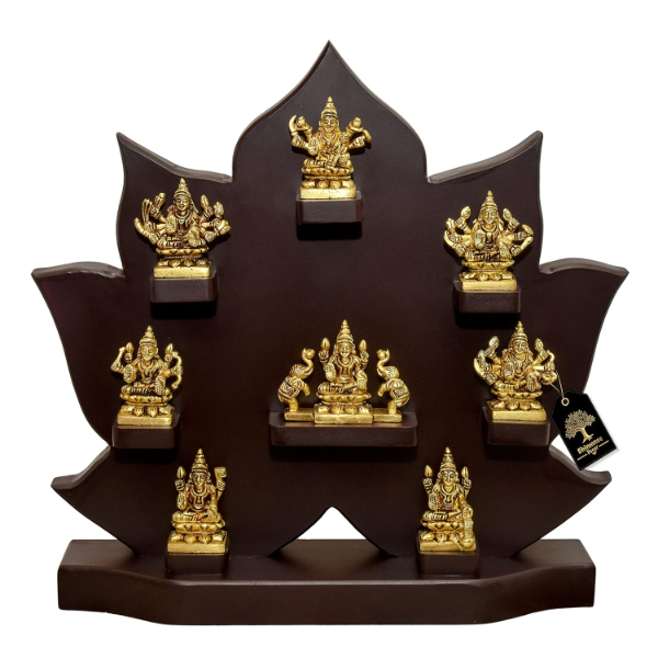 Bhimonee Decor Ashta Lakshmi Idol Set with Wooden Frame – Gold Finish Goddess Ashtalakshmi for Diwali Puja, Home Mandir & Office Desk Décor | 2 Inch Compact Spiritual Gift