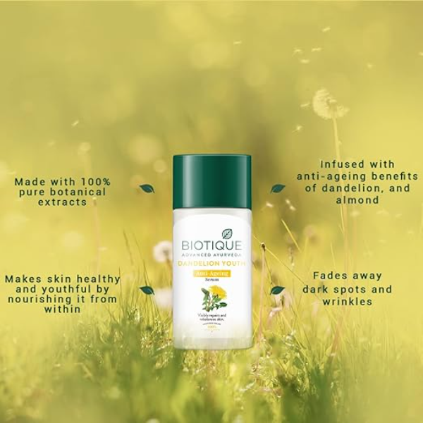 Biotique Dandelion Youth Anti-Ageing Serum| Ayurvedic and Organically Pure| Anti-Ageing Serum for Men & Women| Reduces Fine Lines & Wrinkles |100% Botanical Extracts| All Skin Types | 40ml - Image 2