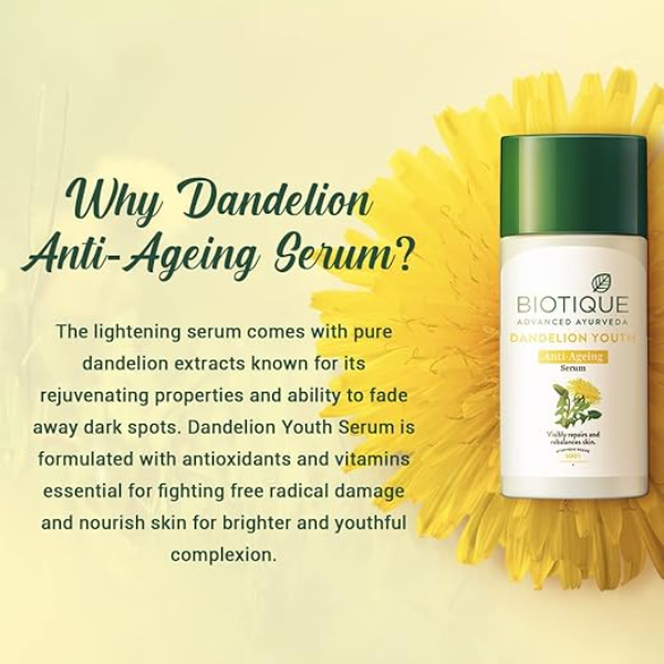 Biotique Dandelion Youth Anti-Ageing Serum| Ayurvedic and Organically Pure| Anti-Ageing Serum for Men & Women| Reduces Fine Lines & Wrinkles |100% Botanical Extracts| All Skin Types | 40ml - Image 4