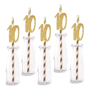 10th Birthday Paper Straw Decor, 24-Pack Real Gold Glitter Cut-Out Numbers Happy 10 Years Party Decorative Straws
