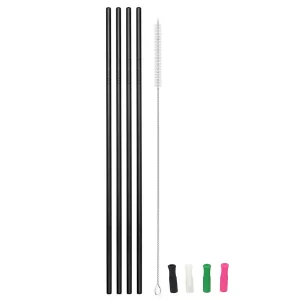 12" Black Color Metal Straws, 4pcs Ultra Long Reusable Straight Stainless Steel Drinking Straws with Silicone Tips and Cleaning Brush
