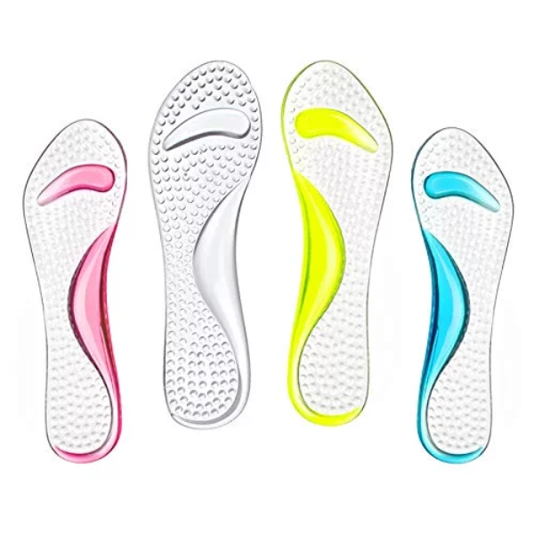 A pair of transparent blue Silicone Heel Insoles Women showing the textured massaging surface.