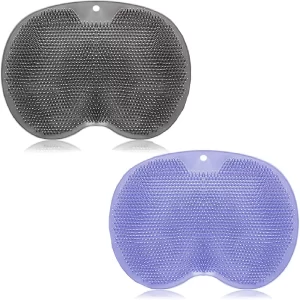 2 Pieces Shower Foot Scrubber Mat and Back Scrubber - Hands Free Wall Mounted Bath Massage Pad With Non Slip Suction Cups - Foot Cleaner for Men Women (Gray, Blue)