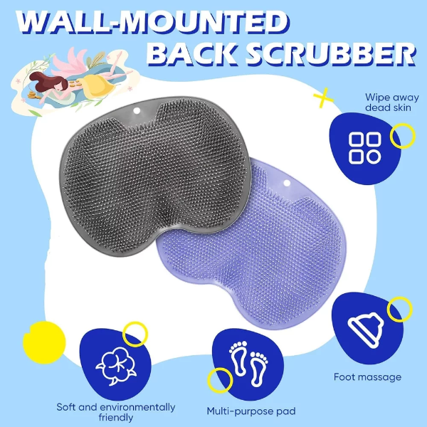 2 Pieces Shower Foot Scrubber Mat and Back Scrubber - Hands Free Wall Mounted Bath Massage Pad With Non Slip Suction Cups - Foot Cleaner for Men Women (Gray, Blue) - Image 2