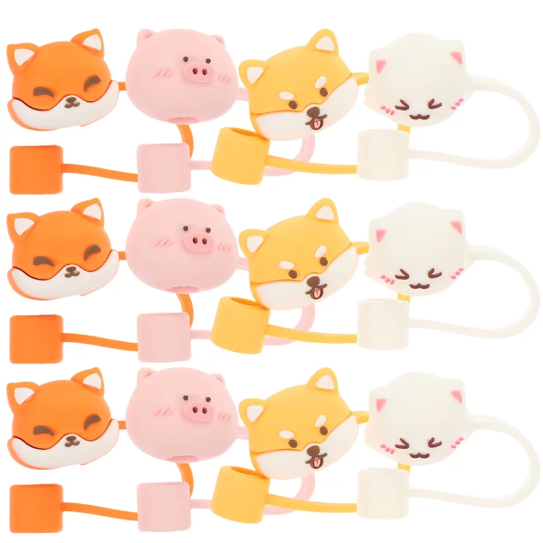 A 12-pack assortment of cute silicone straw toppers featuring cartoon animals like sheep, pigs, and foxes on reusable straws.