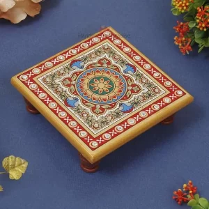 Handicrafts Paradise Hand-Painted Marble Chowki (4 x 4 Inch) – Intricate Floral Design Bajot for Home Mandir, God Idols & Spiritual Décor | Multicolor Decorative Platform