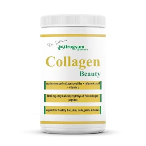 Dr. Satnam’s Arogyam Ayurveda Collagen Beauty Powder 150g jar with Marine Peptides.