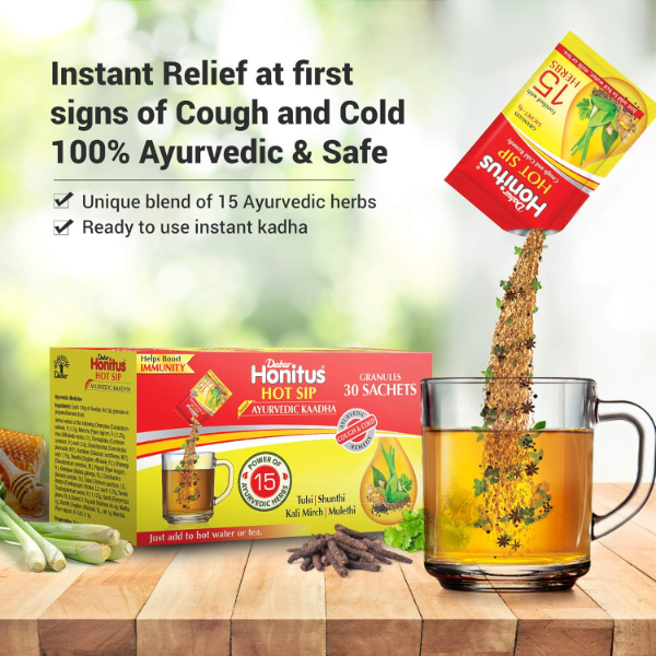 Dabur Honitus Hot Sip: 100% Ayurvedic Kadha | Provides Instant Relief from Cough and Cold (4gm*Pack of 30 Sachets) - Image 2