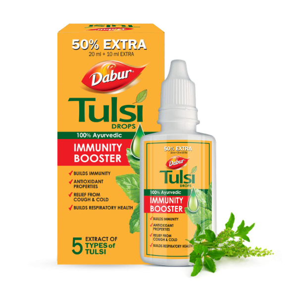 Dabur Tulsi Drops 30ml bottle for natural immunity boosting in USA.
