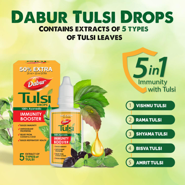 Dabur Tulsi Drops- 50% Extra: Concentrated Extract Of 5 Rare Tulsi For Natural Immunity Boosting & Cough And Cold Relief: (20Ml +10Ml Free) - Image 2