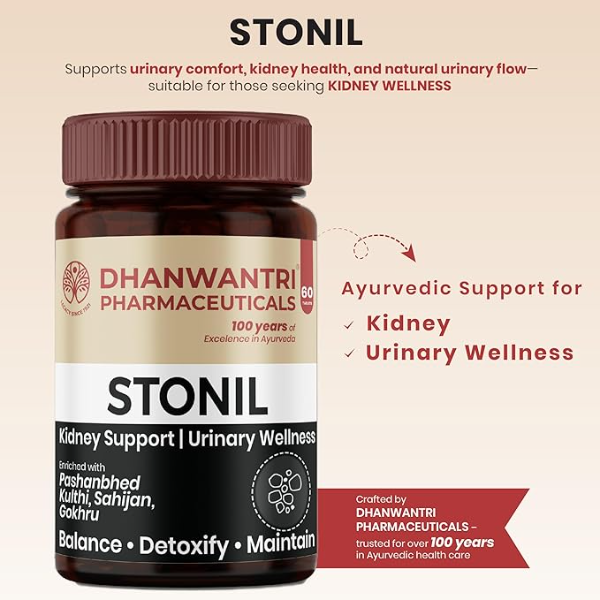 Dhanwantri Pharmaceuticals Stonil Ayurvedic Urinary Wellness Tablets | Supports Urinary Comfort, Natural Flow Balance & Daily Detox Support | With Pashanbhed, Gokhru & Kulthi | Clinically Tested | 100 Years of Trust (60 Tabs) - Image 2