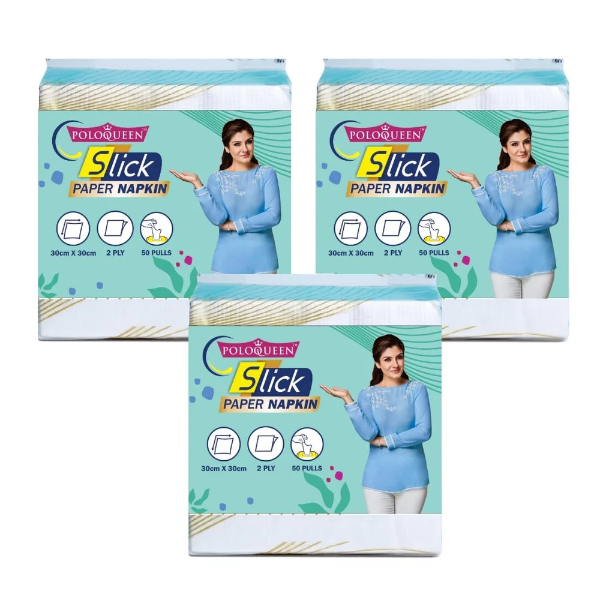 Three compact packs of PoloQueen disposable car tissue sheets neatly stacked next to a vehicle dashboard.