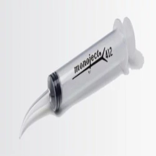 Clear plastic 12cc curved tip disposable syringe designed for precise medical and veterinary irrigation.