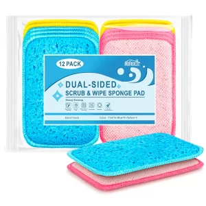 A multi-colored 12 pack of dual sided sponges for kitchen cleaning.