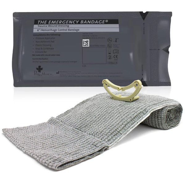 A tightly vacuum-sealed, dark olive-drab tactical storage pouch for an Ever Ready 6-inch first aid compression bandage, optimized for vehicle trauma survival kits.