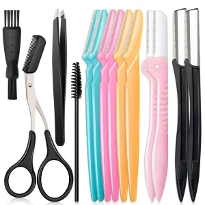 Comprehensive 14-in-1 professional dermaplane razor kit with eyebrow trimmers, tweezers, and styling accessories.