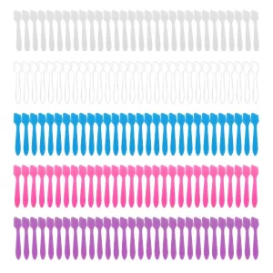 Bulk set of 150 frosted Accmor mini spatulas cosmetic scoops arranged on a clean vanity countertop.